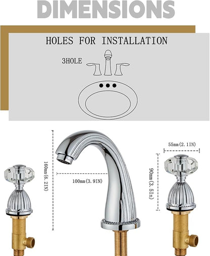 Morden Bathroom Faucet Chrome Three Holes Widespread 2 Crystal Handle Bathroom Sink Faucets Vintage Lavatory Vanity Faucet