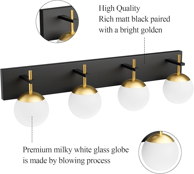 Ralbay Mid Century Modern Vanity Lights - 4-Light Milky Glass Globe Modern Bathroom Vanity Lights Over Mirror, Black/Golden Bathroom Wall Light Fixture
