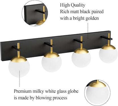 Ralbay Mid Century Modern Vanity Lights - 4-Light Milky Glass Globe Modern Bathroom Vanity Lights Over Mirror, Black/Golden Bathroom Wall Light Fixture