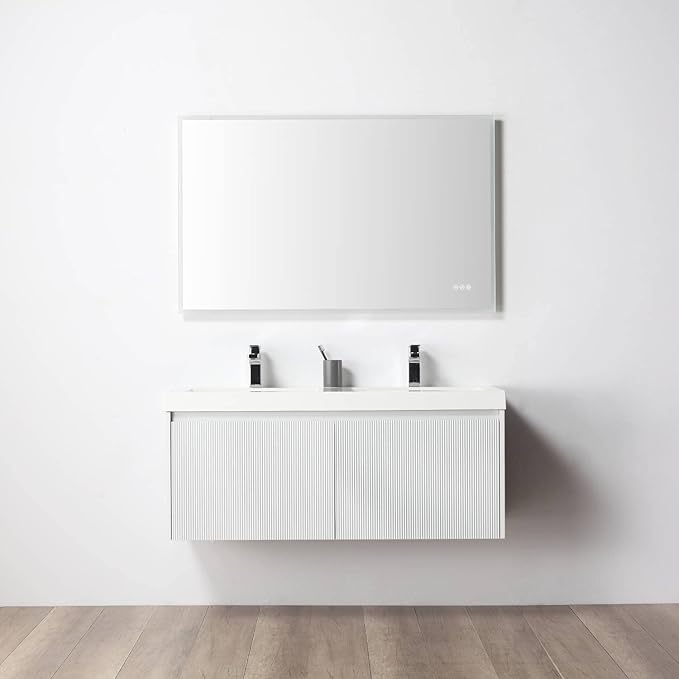 Blossom 48 inch Bathroom Vanity with Sink, Wall Mounted Floating Bathroom Vanity Cabinet with Double Acrylic Sink, All Wood Bathroom Storage Cabinet with Soft Close Drawers, Matte White Finish