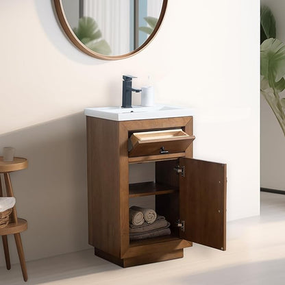 Vanity Art 20 inch Small Bathroom Vanity with Sink, Solid Poplar Wood, Vanity Cabinet with Doors and Removable Shelf, Modern Wood Cabinet with Marble Top, Ceramic Sink, Tan, VA70-20-T