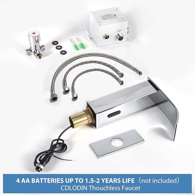 Automatic Sensor Touchless Bathroom Faucet, Modern Chrome Bathroom Faucet for Sink 1 Hole, Waterfall Single Hole Bathroom Sink Faucet Stainless Steel, Hands Free Motion Sensor Lavatory Faucet