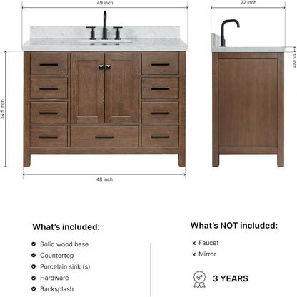Beckford 48-Inch Brown Oak Single Bathroom Vanity with Sink, 1.5-Inch Edge Italian Carrara Marble Countertop & 4" Backsplash, Soft-Closing Doors & Drawers, Solid Oak Wood Construction