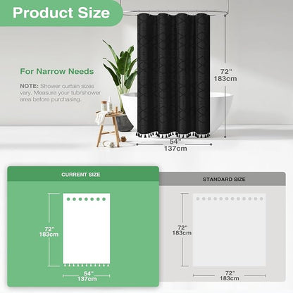 Stall Boho Farmhouse Shower Curtain Tufted Geometric 54"x72" Black | 54 Inch Wide, Elegant Tassel, Lightweight Textured Fabric, Water Repellent, Washable, for Narrow Bathroom/Dorm 10 Hooks