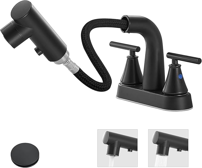 FRANSITON Bathroom Faucets with Pull Out Sprayer, 4 Inch Black Bathroom Faucet 3-Hole, 2 Handle Pull Down Sprayer Bathroom Sink Faucet with 360 Swivel Spout, Metal Pop-Up Drain