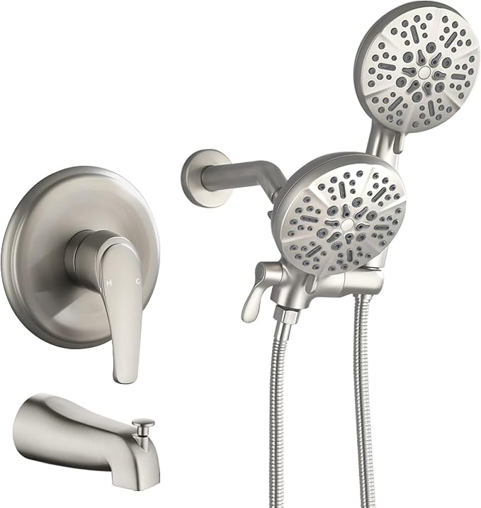 Shower Tub Kit Dual Shower System with Tub Spout Tub and Shower Faucet Set Complete Dual Shower Head and Handheld Combo Set Tub and Shower Trim Kit Brushed Nickel