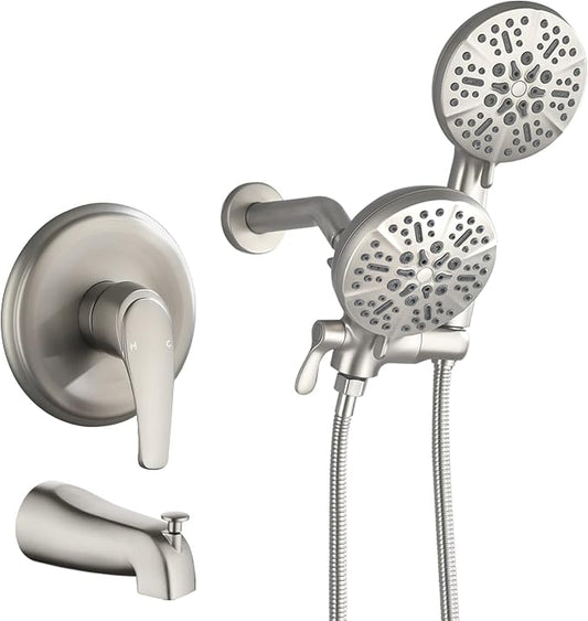 Shower Tub Kit Dual Shower System with Tub Spout Tub and Shower Faucet Set Complete Dual Shower Head and Handheld Combo Set Tub and Shower Trim Kit Brushed Nickel