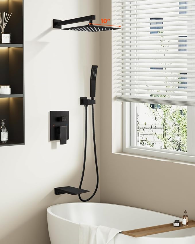 gotonovo Tub Shower Faucet Set with Valve 10'' Rain Head,Oil Rubbed Bronze | Waterfall Tub Spout Shower System,Bathtub Faucet Set,SUS304 Rain Head with Handheld,Brass Valve Trim Kit,All Metal,Wall Mount