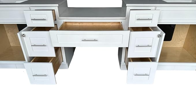 DSR 102'' Double Bathroom Vanity Cabinet with Carrara Quartz Top White Shaker Style Dovetail Drawers Vanity Desk Solid Wood Plywood MDF (102'' with Seven Drawers)