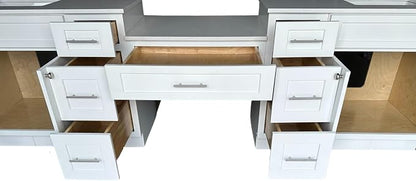DSR 102'' Double Bathroom Vanity Cabinet with Carrara Quartz Top White Shaker Style Dovetail Drawers Vanity Desk Solid Wood Plywood MDF (102'' with Seven Drawers)