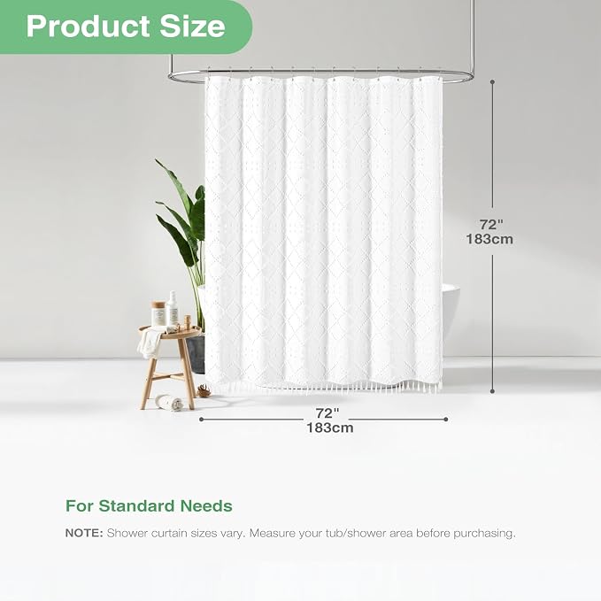 Boho Farmhouse Fabric Shower Curtain Tufted Geometric 72x72 White | Elegant Tassel, Soft Lightweight Textured Cloth, Water Repellent, Washable, Hotel Spa, for Bathroom/Dorm/Apartment 12 Hooks