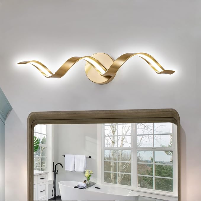 Dimmable Gold Bathroom Light Fixtures, 24 inch Spiral Design Modern LED Bathroom Vanity Lights Over Mirror, 15W Wall Light Fixtures for Living Room Cold White 6000K