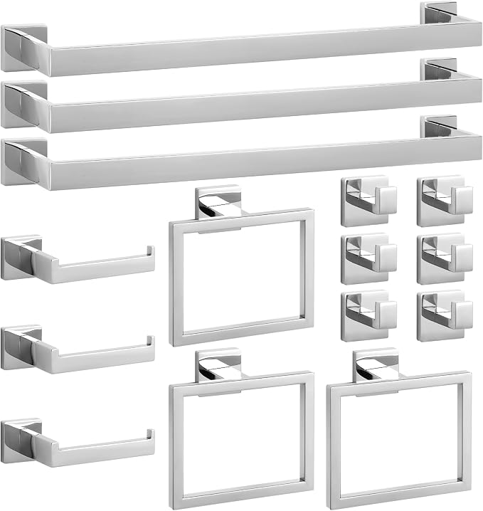 Cilee 15-Pieces Polished Chrome Bathroom Hardware Set, 24 in Towel Bar Set | Towel Bar, Square Towel Ring Toilet Paper Holder Towel Hook, Bathroom Accessories Wall-Mounted Stainless Steel Towel Rack Set