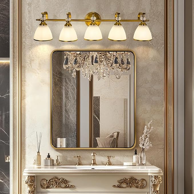 Gold Bathroom Light Fixture, 5-Light Bathroom Wall Sconces, 35 inch Brass Vanity Light with Milky White Frosted Glass Shade, Large Vintage Wall Lights for Spacious Rooms