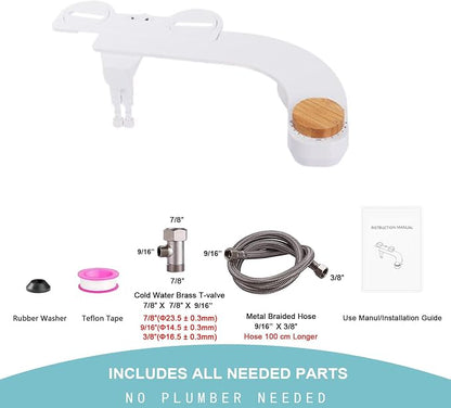 Bidet Toilet Seat Attachment - Self Cleaning Water Sprayer +Adjustable Pressure Nozzle, Easy Install (Cold Water Classic, White/Bamboo)