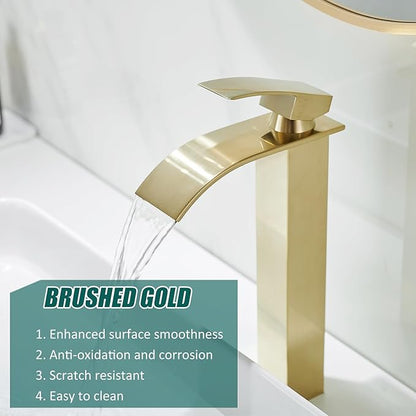 Hoimpro Brushed Gold Waterfall Bathroom Faucet with cUPC Supply Lines, Single Hole Single Handle Bathroom Sink Faucet with Pop up Drain, Vessel Faucet, Brushed Gold(1 or 3 Hole)