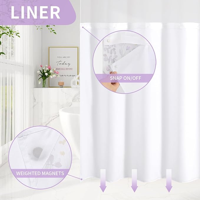 No Hook Purple Watercolor Floral Shower Curtain and Liner Set, 72x74 | Spring Flower Shower Curtains with Snap-in Liner for Farmhouse Bathroom Decor, Botanical Bathroom Curtain with Leaves