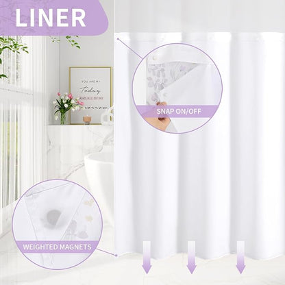 No Hook Purple Watercolor Floral Shower Curtain and Liner Set, 72x74 | Spring Flower Shower Curtains with Snap-in Liner for Farmhouse Bathroom Decor, Botanical Bathroom Curtain with Leaves
