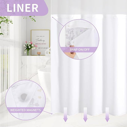 No Hook Purple Watercolor Floral Shower Curtain and Liner Set, 72x80 | Spring Flower Shower Curtains with Snap-in Liner for Farmhouse Bathroom Decor, Botanical Bathroom Curtain with Leaves