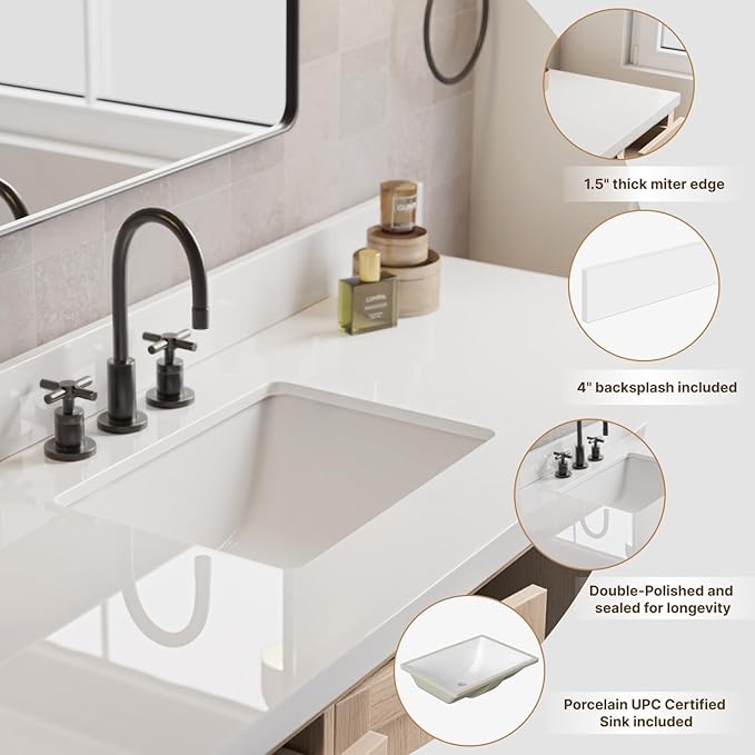 ARIEL 61 inch Bathroom Vanity top with Sink, 1.5 Inch Thick Miter Edge White Quartz top, Rectangle Single Porcelain Sink, Includes Backsplash