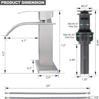 Waterfall Bathroom Faucet Brushed Nickel: ARCORA Single Hole Bathroom Sink Faucet Mixer Tap with Supply Lines and Pop Up Drain