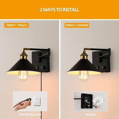 Bedside Wall Mount Light with Dimmable Switch and Outlet, Swing Arm Metal Shade Wall Sconce Light with USB Port and Plug in Cord, Black Wall Lamp for Bedroom, Living Room and Hotel
