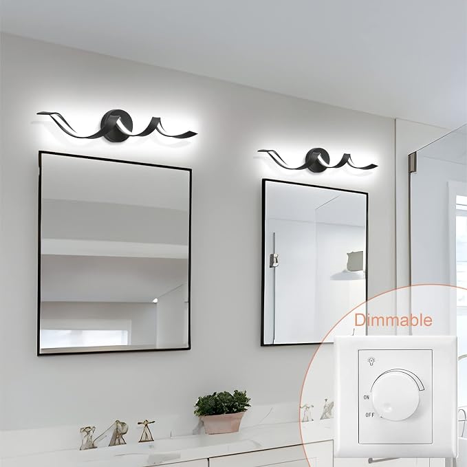 Modern LED Bathroom Vanity Lights, 24inch Dimmable Black Bathroom Lighting Fixture Over Mirror 15W Spiral Design LED Wall Light Fixtures 6000K