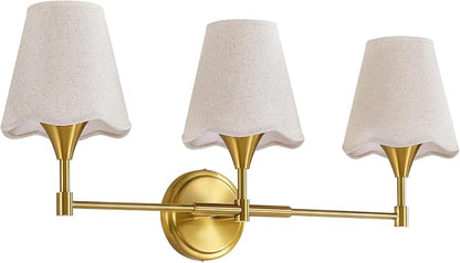 Gold Bathroom Vanity Light Fixtures: 3 Light Vanity Lighting Fixtures with Flared Fabric Shade, Brushed Gold Bathroom Lighting Fixture over Mirror, Wall Sconce Lights for Bedroom Hallway Living Room