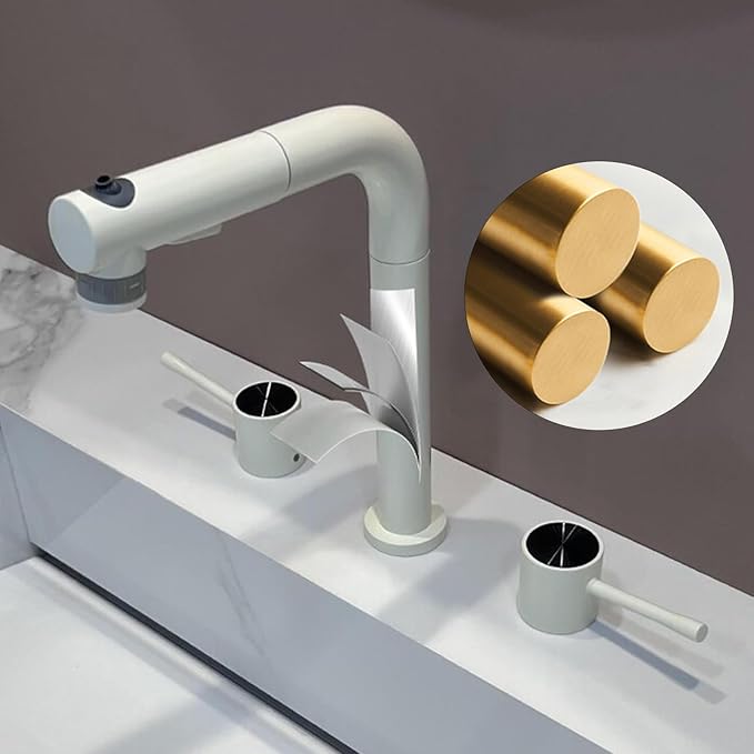 BiaoTeng Bathroom Faucets for Sink 3 Hole Pull Out 3 Functions with 360° Swivel Hot and Cold Double Handle Faucets for Bathroom Sinks Brass Milky White