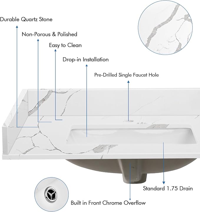 30 in.W x 22 in.D Quartz Calacatta River Vanity Top,with Undermount Middle Sink Vanity Top,with One Sidesplash & One Backsplash,Single Faucet Hole Spread Bathroom Vanity Sink Countertop