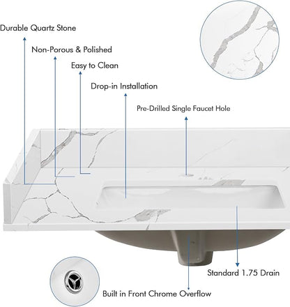 30 in.W x 22 in.D Quartz Calacatta River Vanity Top,with Undermount Middle Sink Vanity Top,with One Sidesplash & One Backsplash,Single Faucet Hole Spread Bathroom Vanity Sink Countertop