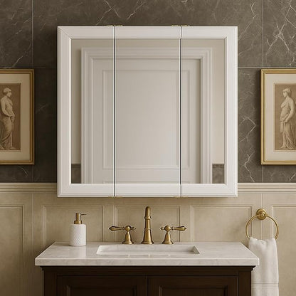 Design House Wyndham, 30 in W x 4.5 in D x 24 in H Bathroom Medicine Cabinet, Wall Mounted, 3 Mirror Doors, White, 535864-WHT
