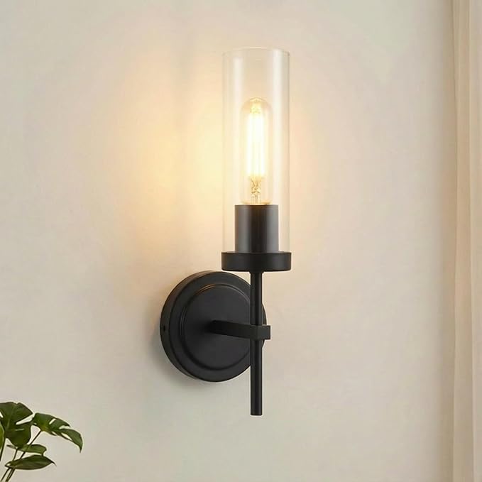Hardwired Black Wall Sconce Bathroom sconces Vanity Light fixtures | Modern Wall light Fixtures with Clear Glass, for Bathroom Mirror Living Room Bedroom Hallway Stairs