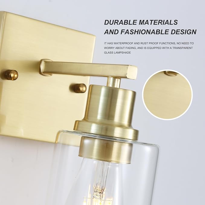 Living Room Wall Light fixtures 2 Pack, Brushed Gold Vanity Lights with Glass Shade, Farmhouse Modern Wall sconces for Gallery ，Mirror,Bedroom,Bathroom