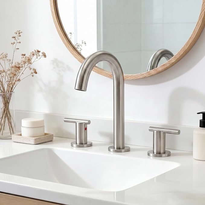 Brushed Nickel Bathroom Faucet 3 Hole, VAPSINT 8 Inch Widespread Bathroom Sink Faucet, 2 Handle Modern Bathroom Faucets for Vanity Lavatory RV Restroom with Pop Up Drain & Supply Hoses, VAP-BF311