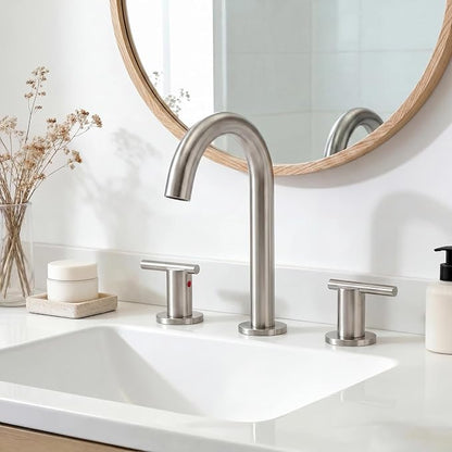 Brushed Nickel Bathroom Faucet 3 Hole, VAPSINT 8 Inch Widespread Bathroom Sink Faucet, 2 Handle Modern Bathroom Faucets for Vanity Lavatory RV Restroom with Pop Up Drain & Supply Hoses, VAP-BF311