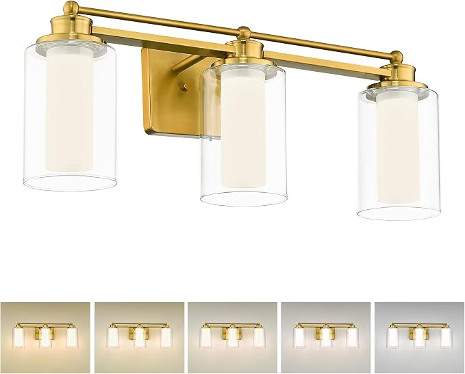 HWH 3-Light Bathroom Vanity Light, Clear Glass, Dimmable, 5HLT63B-3W-LED BG | 5CCT, Brushed Gold, 18W, Bathroom Light Fixtures Antique Brass Vanity Light, Vanity Lights, Dimmable Integrated LED Lighting
