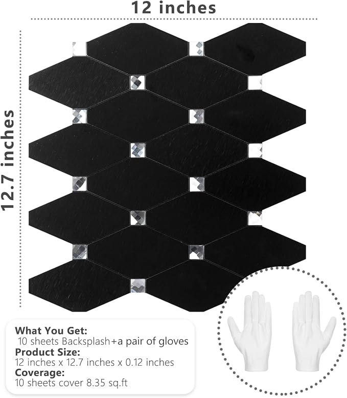 STICKGOO Peel and Stick Backsplash, 10 Sheets Kitchen Mosaic Tile Sticker, Black Brushed Aluminum Composite Panel, Stick on Backsplash for Kitchen, Countertop, Bathroom Vanity