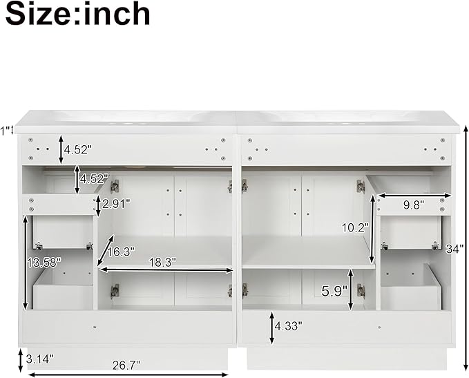 60" Bathroom Vanity Set with Double Sink, Harper & Bright Designs Vanity Cabinet with 4 Cabinet Doors, 4 Drawers, 2 Adjustable Shelves, Solid Wood Bathroom Cabinet with Resin Basin for Bathroom, White