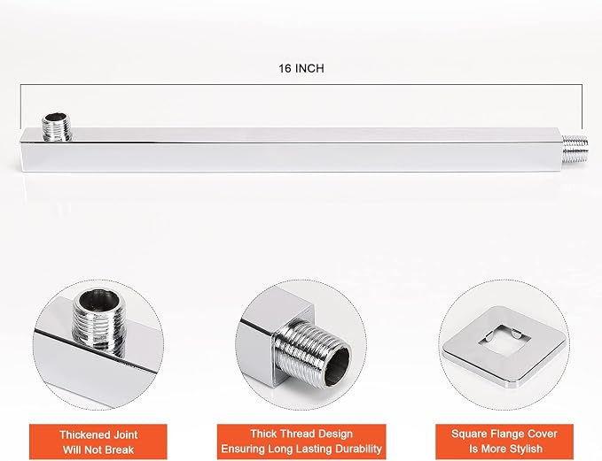Shower Head with Extension Arm, High Pressure Square with ShowerArm, Stainless Steel Rainfall -Waterfall Full Body Coverage (10'' Shower with 16'' Arm, Chrome)