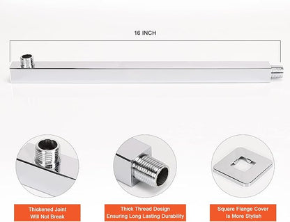 Shower Head with Extension Arm, High Pressure Square with ShowerArm, Stainless Steel Rainfall -Waterfall Full Body Coverage (10'' Shower with 16'' Arm, Chrome)