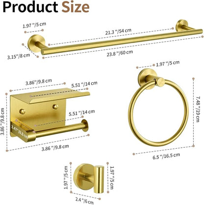 5-Piece Gold Bathroom Accessories Set Complete Wall Mounted | Includes Towel Bar, Paper Holder, Towel Ring, 2 Robe Hooks, durable gold finish and wall anchors