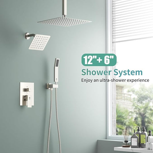 Shower Faucet Set Shower System - SR SUN RISE Brushed Nickel Shower Trim Kit with Dual Shower Head, 12'' Ceiling Rainfall 6'' Wall Mount with Handheld Shower for Couples, Complete 6 Diverter Valve