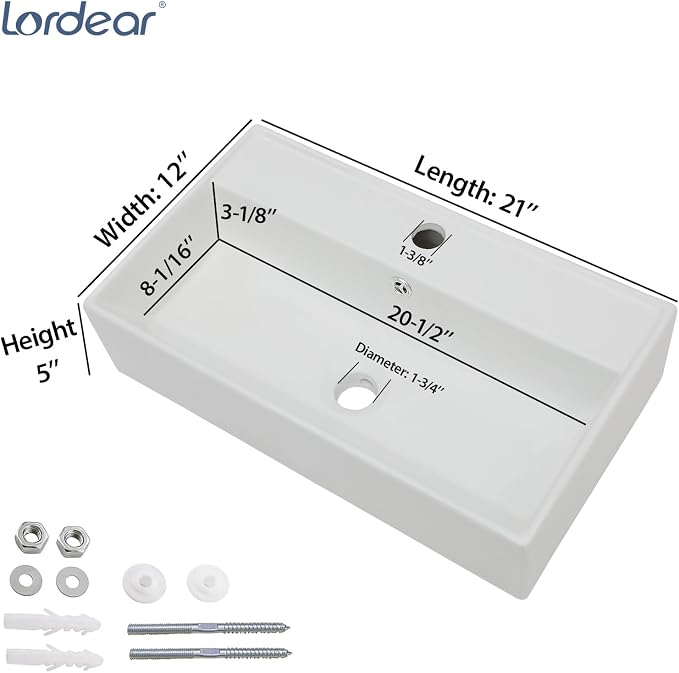 Lordear Wall Mount Bathroom Sink 21x12 Inch White Rectangle Vanity Sink with Overflow Faucet Hole Porcelain Ceramic Floating Bathroom Vessel Sinks, Wall Hung Wash Hand Basin
