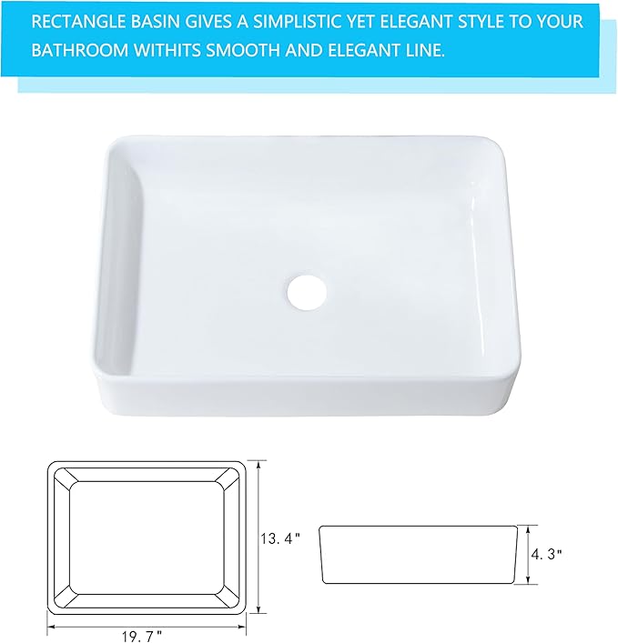 20 Inch Bathroom Sink Rectangular Above Counter, 20x14 Inch Modern White Vessel Sink Porcelain Ceramic Countertop Hand Wash Vessel Vanity Sink Art Basin