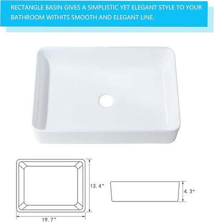 20 Inch Bathroom Sink Rectangular Above Counter, 20x14 Inch Modern White Vessel Sink Porcelain Ceramic Countertop Hand Wash Vessel Vanity Sink Art Basin
