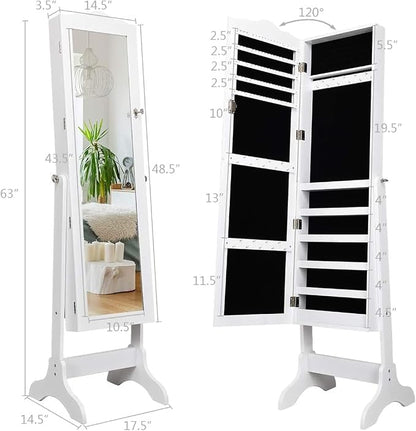 NAFORT Jewelry Armoire, Mirror with Jewelry Storage, Jewelry Organizer, Standing Lockable Jewelry Cabinet with Full Length Mirror, Jewelry Organizer with 2 Drawers, White