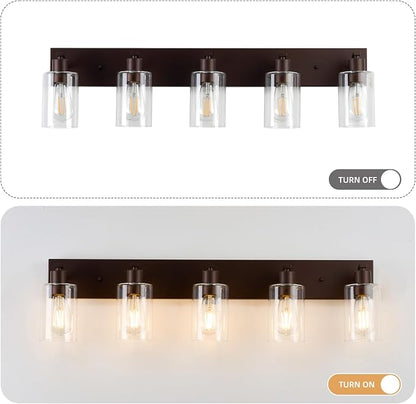5 Lights Bathroom Light Fixtures Oil Rubbed Bronze Vanity Light with Clear Glass Shade 36in Modern Bathroom Lighting Fixtures Over Mirror for Bedroom/Living Room