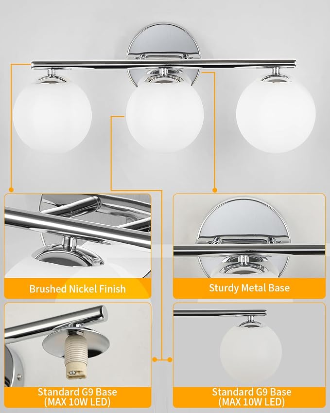 foucasal Chrome 3-Light Globe Bathroom Vanity Light Fixture Over Mirror | G9 Socket, Plastic Milk Globe Shades, 4.72" Base, 10W Max, Adjustable Up/Down Light, Mid Century Style for Bathroom Bedroom