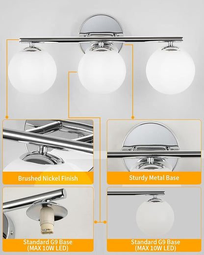 foucasal Chrome 3-Light Globe Bathroom Vanity Light Fixture Over Mirror | G9 Socket, Plastic Milk Globe Shades, 4.72" Base, 10W Max, Adjustable Up/Down Light, Mid Century Style for Bathroom Bedroom